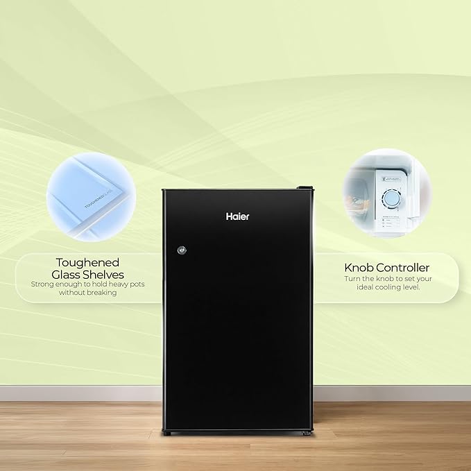 Haier 100 L 2 Star Direct Cool Single Door Mini Bar Refrigerator with Chiller Freezer Box, LED Light for Clear View, Lock &amp; Key and Easy Clean Back, HRD-1252KSA