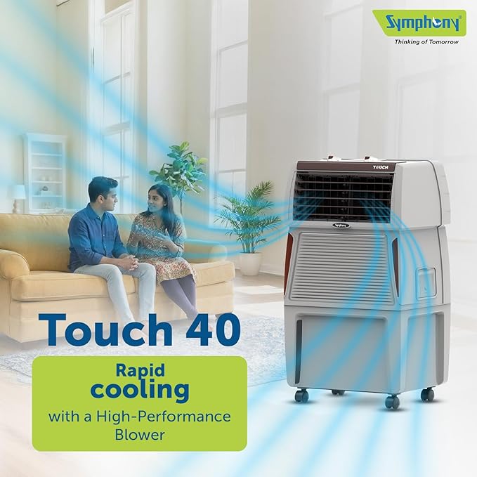 Symphony Touch 40 Room Air Cooler | High Efficiency Cooling | 185W | CFD Technology | 40L | Fully Closable Louvers | Manual Mode | Air Cooler with Wheels For Easy Mobility | White (TOUCH40)