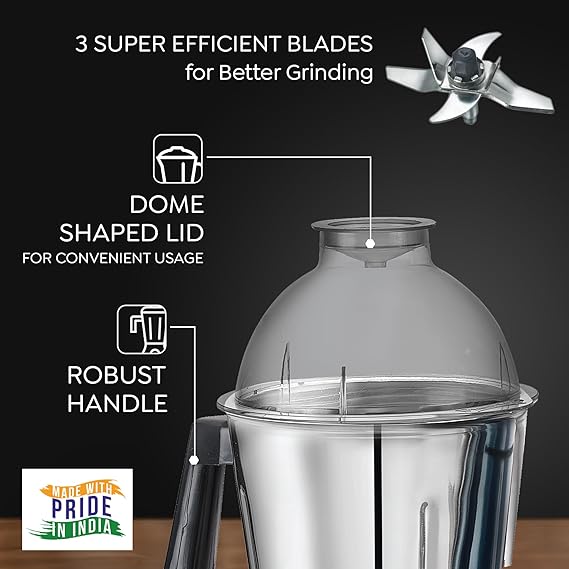 Prestige 750 Watts Grace Mixer Grinder with 4 Jars (3 Stainless Steel Jars + 1 Juice Jar)|4 Super Efficient Blades|Sturdy Handles|Dome Shaped Lid|Blue & Black 43151