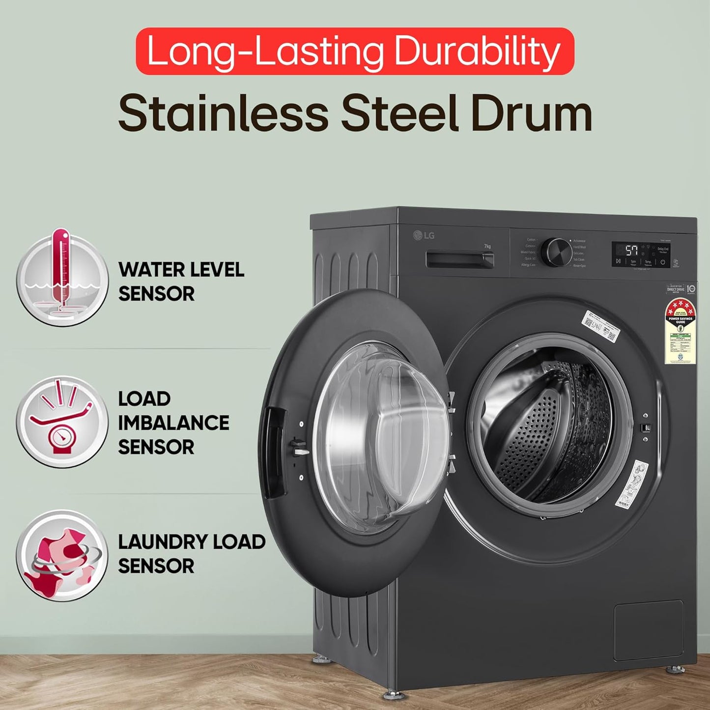 LG 7 Kg 5-Star Front Load Washing Machine with Inverter Direct Drive, 6 Motion DD Technology, and Steam Wash (Middle Black)-FHB1207Z2M