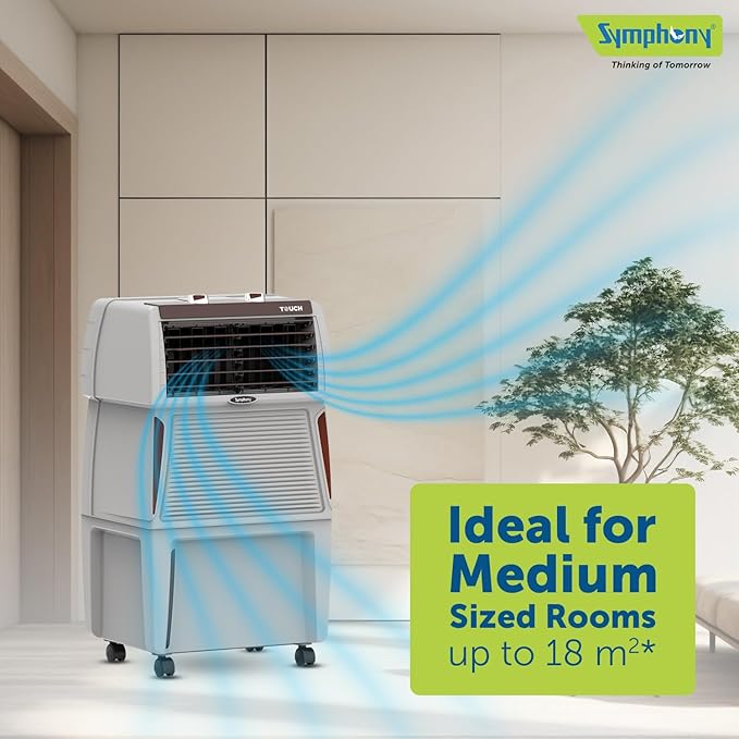 Symphony Touch 40 Room Air Cooler | High Efficiency Cooling | 185W | CFD Technology | 40L | Fully Closable Louvers | Manual Mode | Air Cooler with Wheels For Easy Mobility | White (TOUCH40)