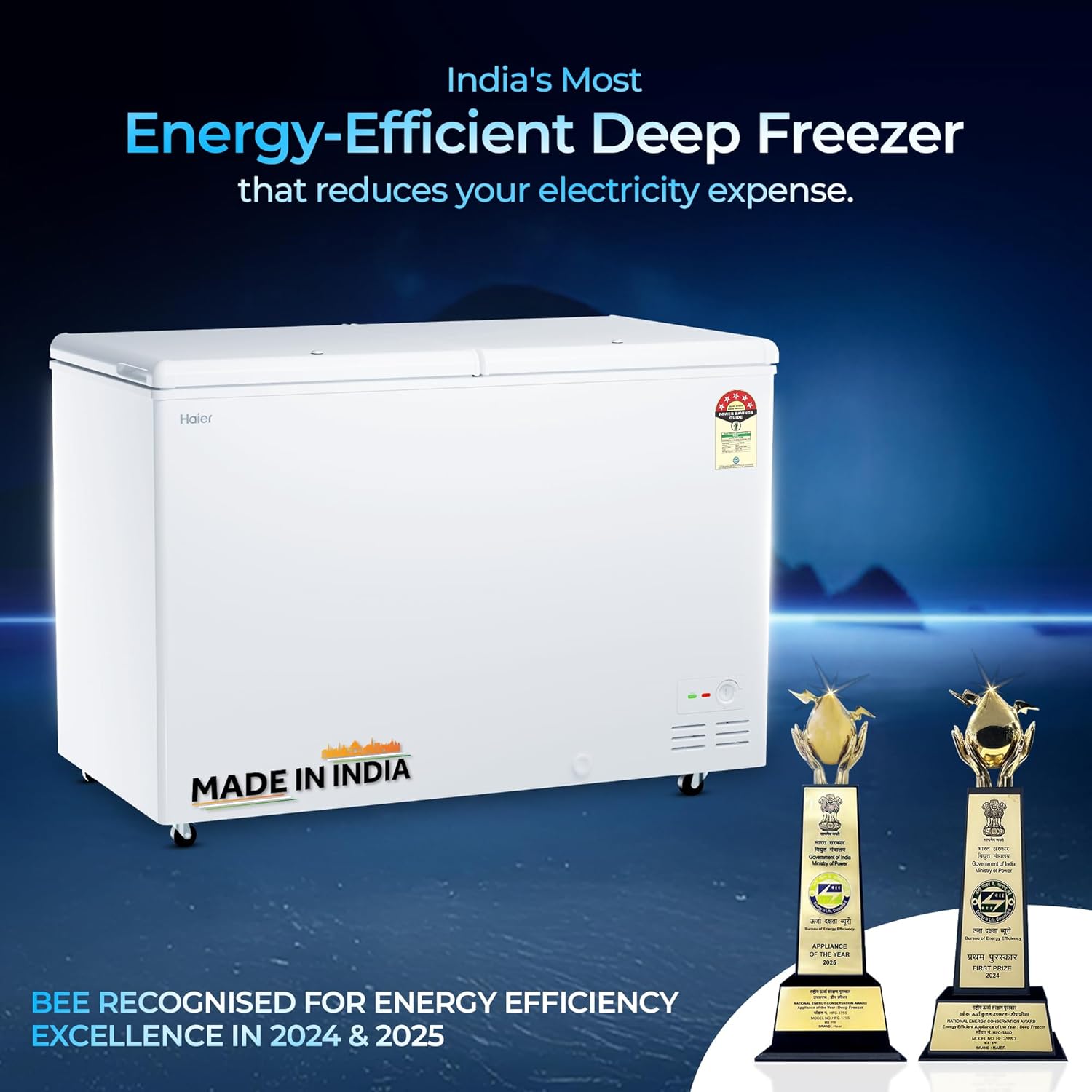 Haier 400L 5-Star Double Door Hard Top Freezer | Dual Condensers | +10 to -26°C Temperature Range | Embossed PCM Inner Liner | 5-Star Energy Rated | 4 Castor Legs for Easy Mobility | 1 Storage Basket-(HFC-410DPW5, White)