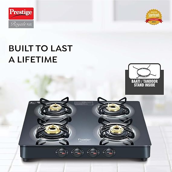 Prestige Royale Plus GT 04 Toughened Black Glass Top Gas Stove(Manual, 4 Brass Burners, Black, Baati/Tandoor Stand Inside)-40514