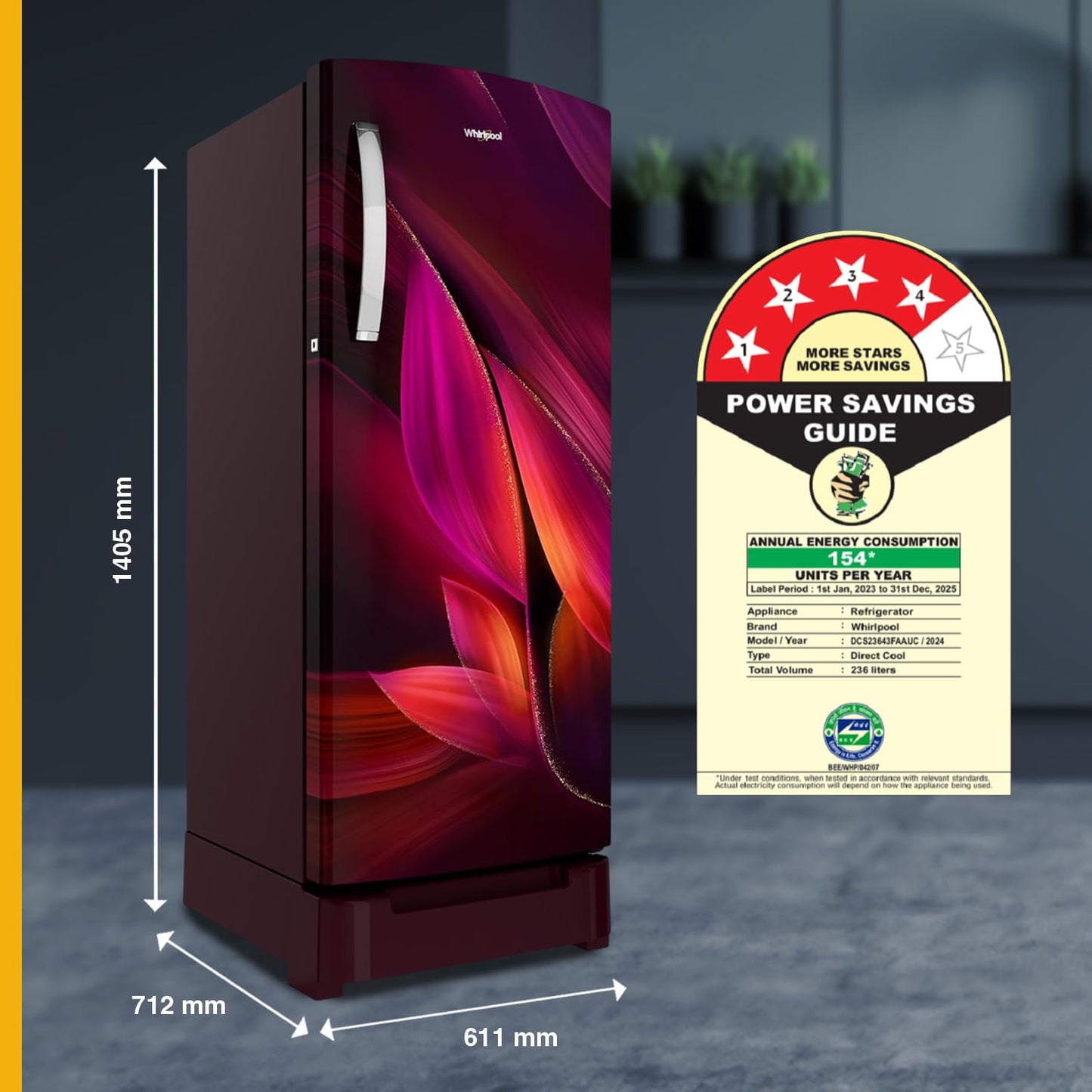 Whirlpool 236 L 4 Star Frost Free Inverter Direct-Cool Single Door Refrigerator (Auto-Defrost, Intellisense Inverter, 260 IMPRO PLUS ROY 4S WINE Breeze-Z)-73150