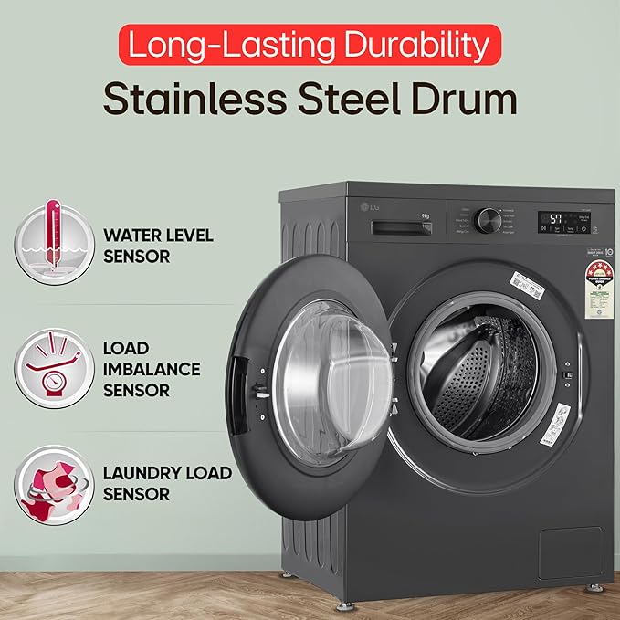 LG 8 kg 5 Star, Inverter Direct Drive Technology, 6 Motion DD, Steam Fully Automatic Front Load Washing Machine with In-built Heater Black, Grey  (FHB1208Z2M)