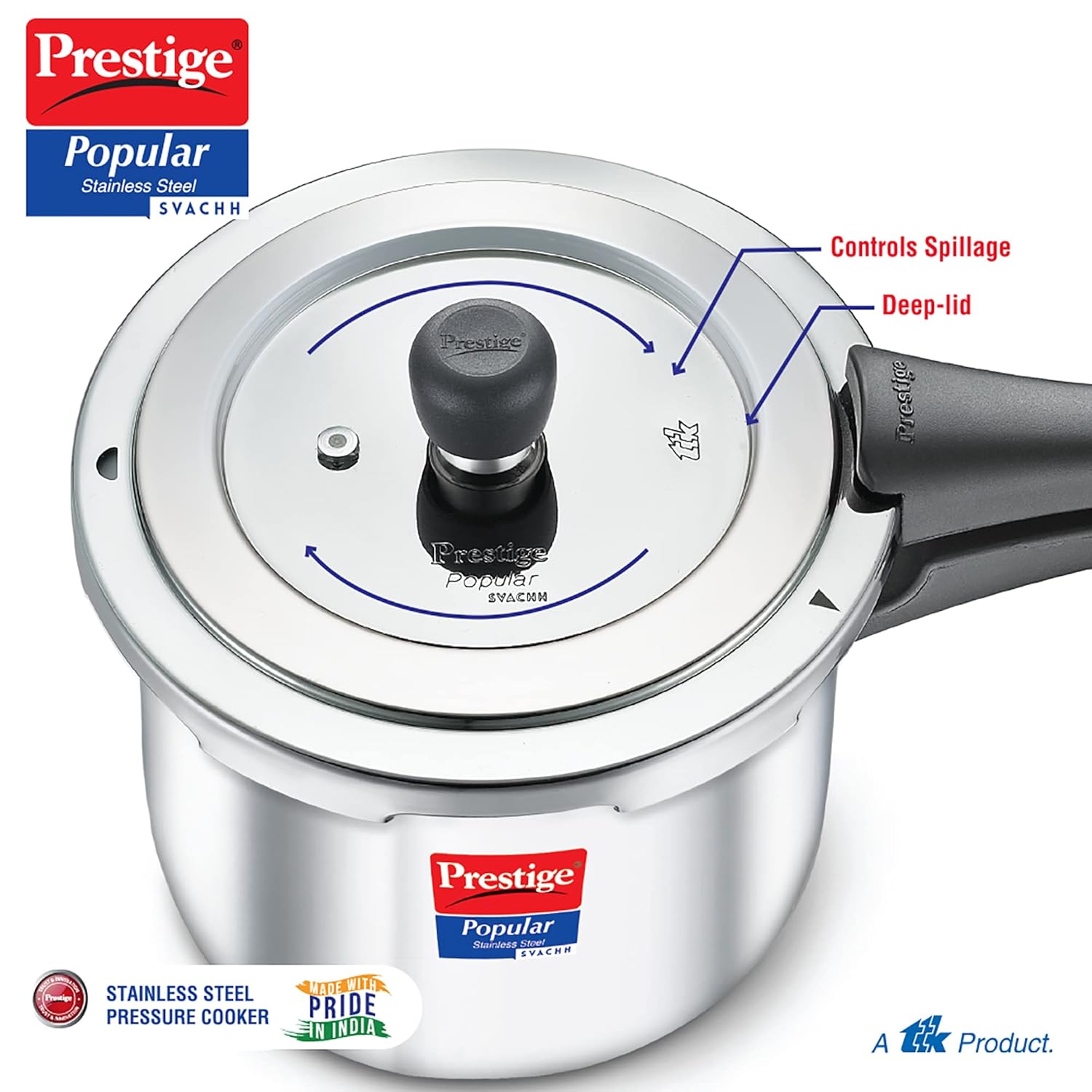 Prestige Popular Svachh Spillage Control Stainless Steel Outer Lid Pressure Cooker, 5 L (Silver)-20173