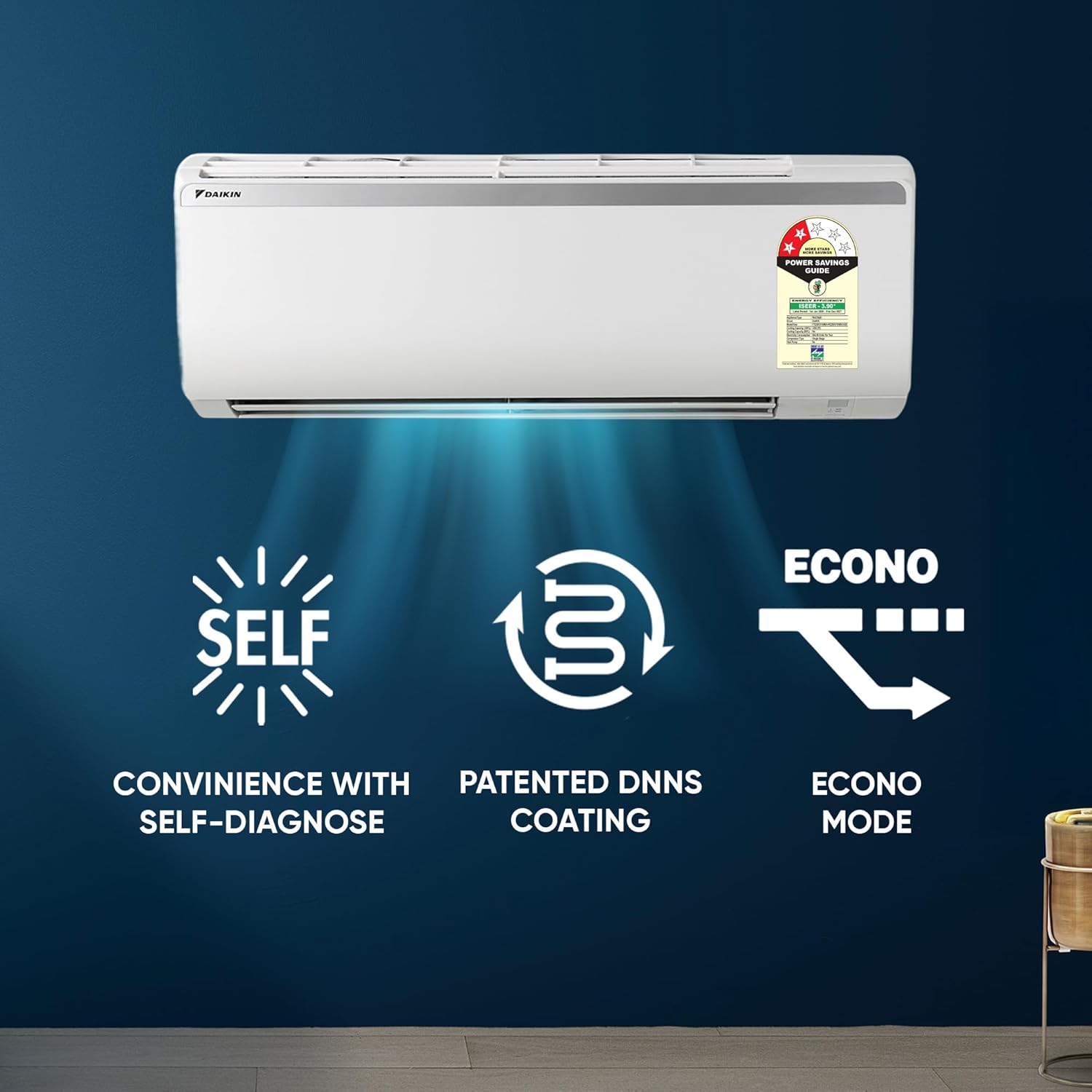 Daikin FTQ Series 1 Ton 2-Star Non-Inverter Split AC (3.35 kW / 11430 Btu/h Cooling, 3.90 ISEER, PM 2.5 Filter, New Coanda Airflow, Power Chill, Econo Mode, R-32 Refrigerant, White Indoor Unit)-FTQ35XV16WBB