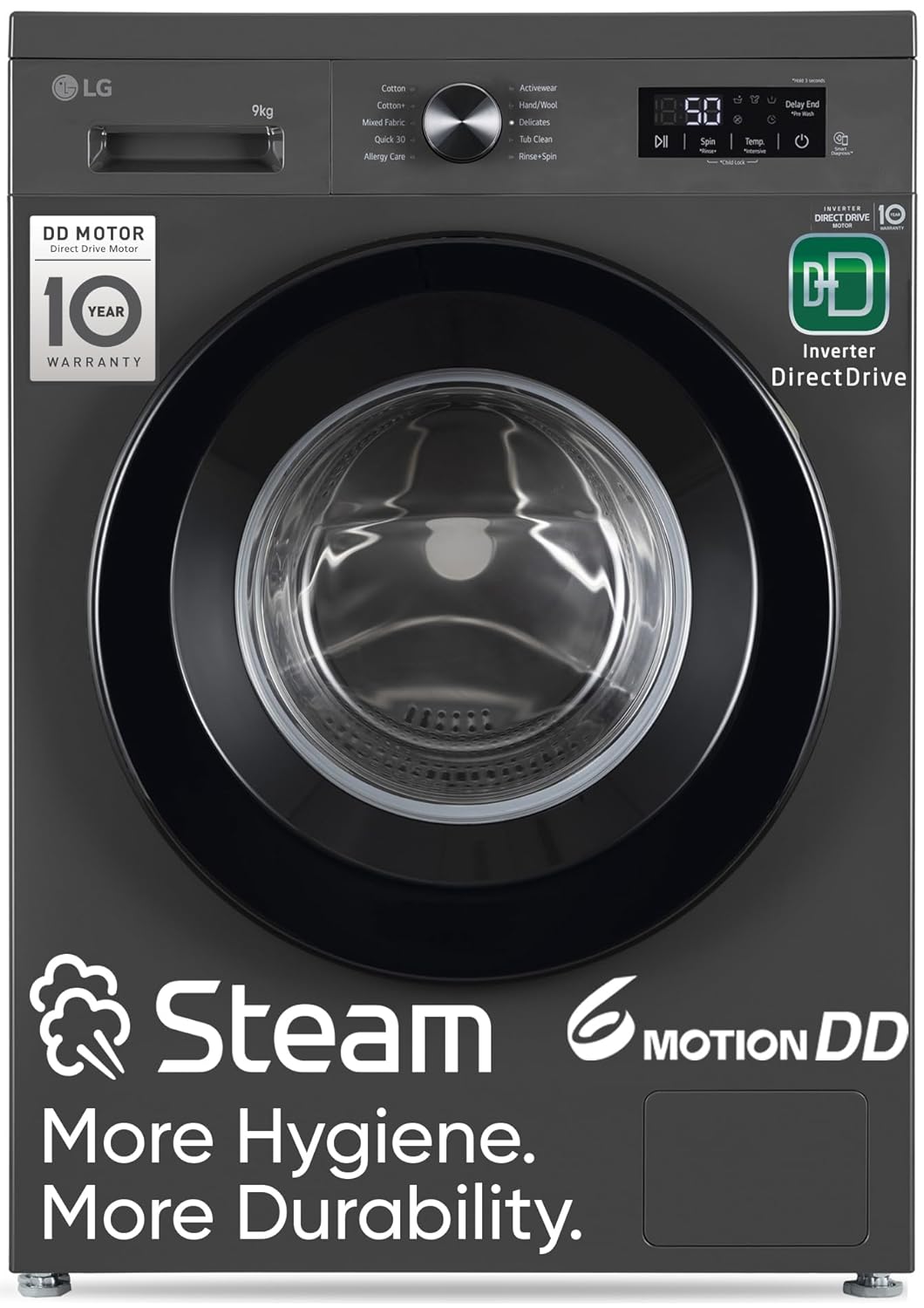 LG 8 kg 5 Star, Inverter Direct Drive Technology, 6 Motion DD, Steam Fully Automatic Front Load Washing Machine with In-built Heater Black, Grey  (FHB1208Z2M)