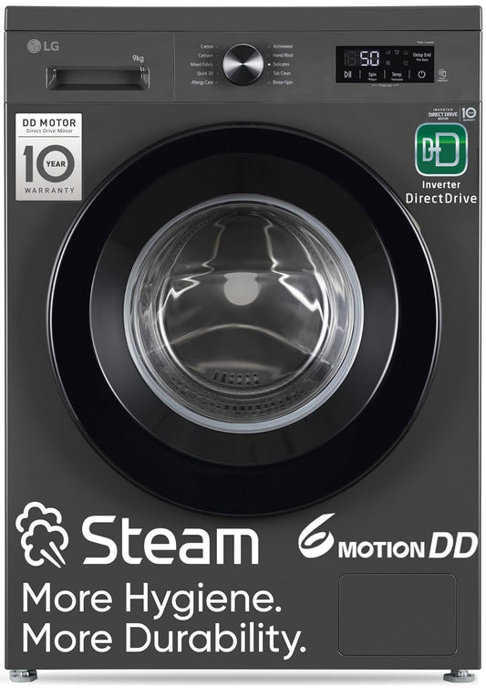 LG 9 kg 5 Star, Inverter Direct Drive Technology, 6 Motion DD, Steam Fully Automatic Front Load Washing Machine with In-built Heater Black, Grey  (FHB1209Z2M)