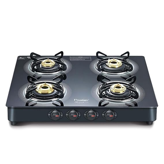 Prestige Royale Plus GT 04 Toughened Black Glass Top Gas Stove(Manual, 4 Brass Burners, Black, Baati/Tandoor Stand Inside)-40514