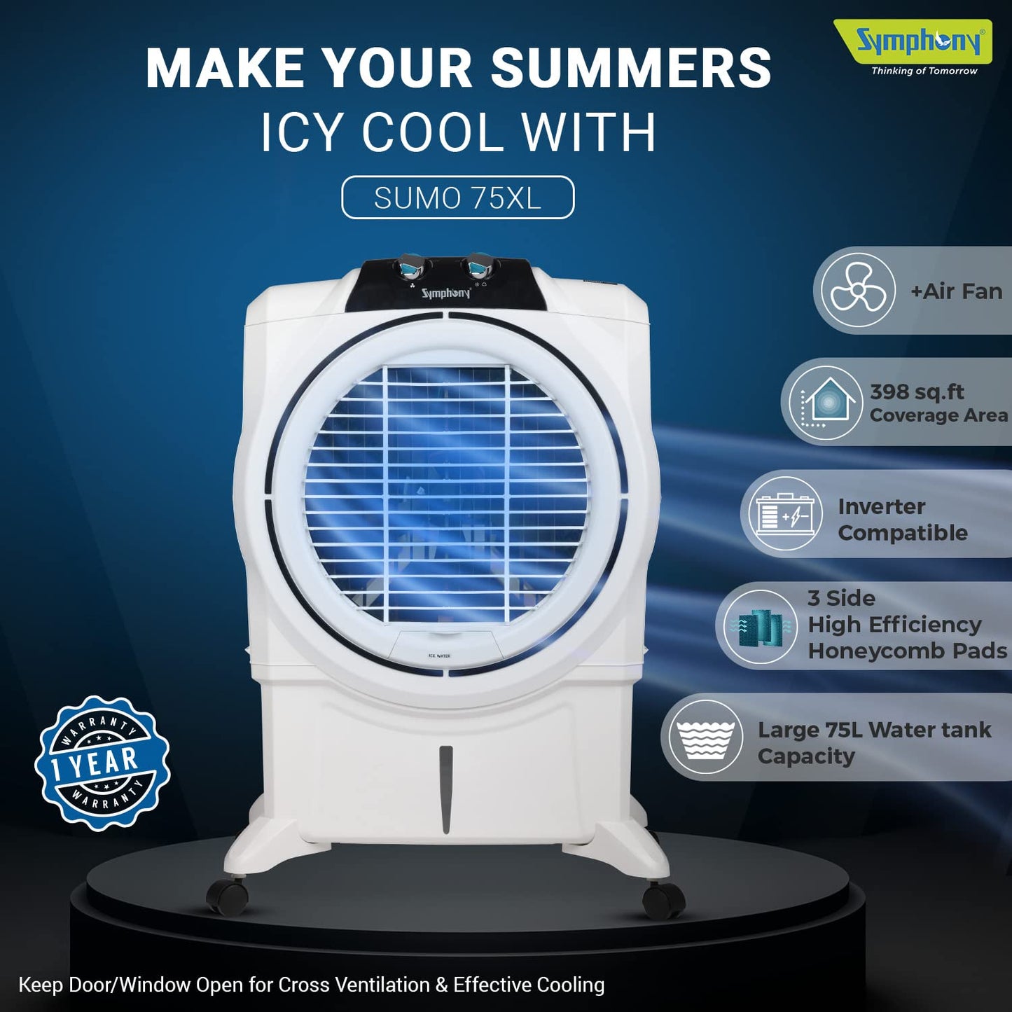 Symphony Powerful Desert Air Cooler, 75L Water Tank Capacity, Honeycomb Cooling Pads, Cool Flow Dispenser, Auto Louver Movement, High-Speed Fan-Sumo 75 XL