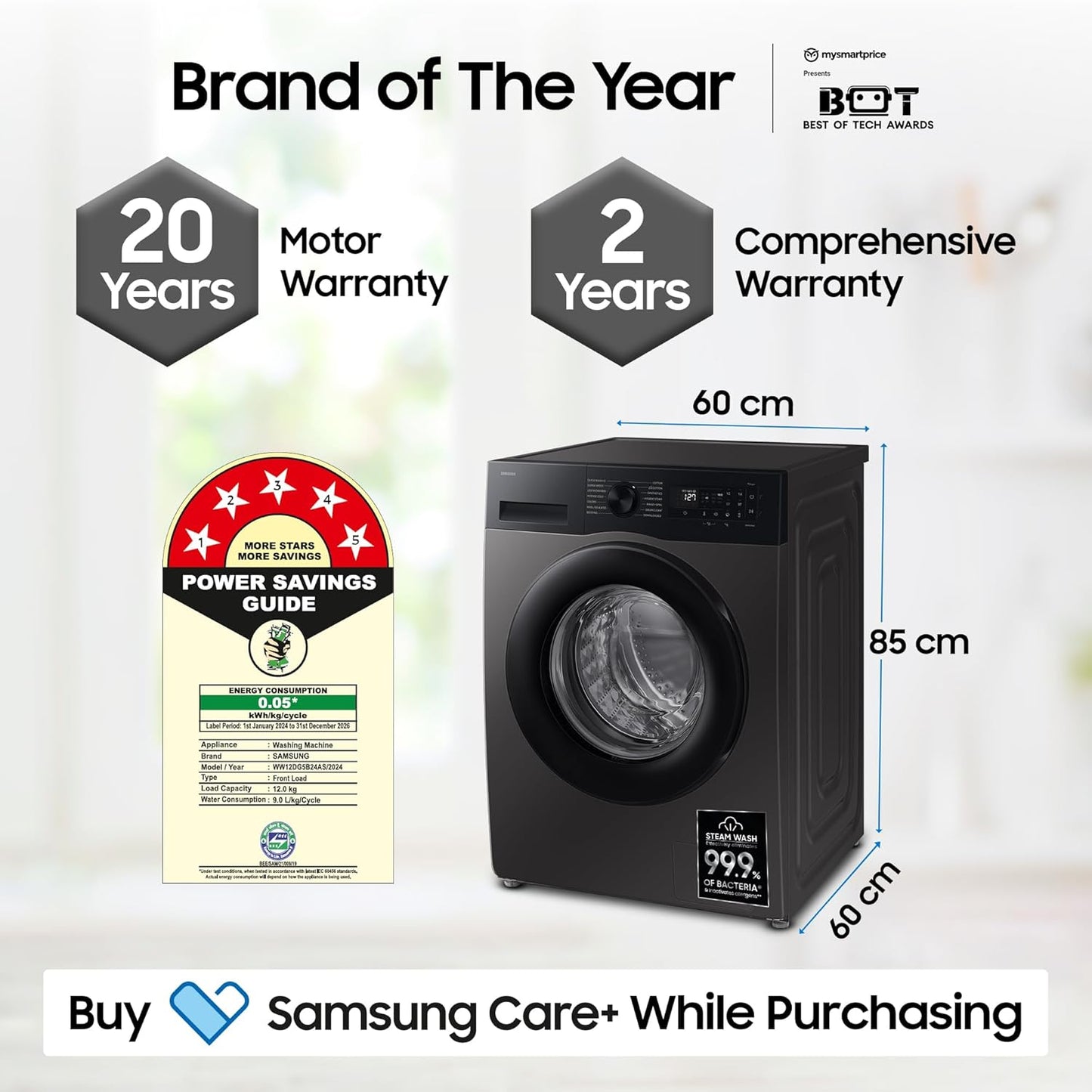 Samsung 12 kg, 5 Star, AI Ecobubble, Super Speed, Wi-Fi, Hygiene Steam with Inbuilt Heater, Digital Inverter, Fully-Automatic Front Load Washing Machine (WW12DG5B24ABTL, AI EcoBubble, Black)