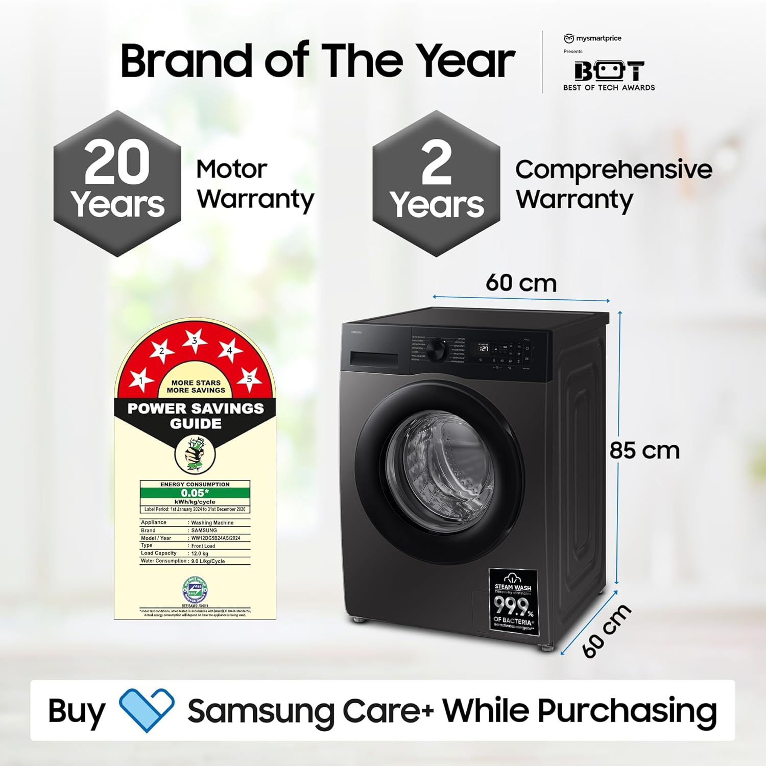 Samsung 12 kg, 5 Star, AI Ecobubble, Super Speed, Wi-Fi, Hygiene Steam with Inbuilt Heater, Digital Inverter, Fully-Automatic Front Load Washing Machine (WW12DG5B24ABTL, AI EcoBubble, Black)