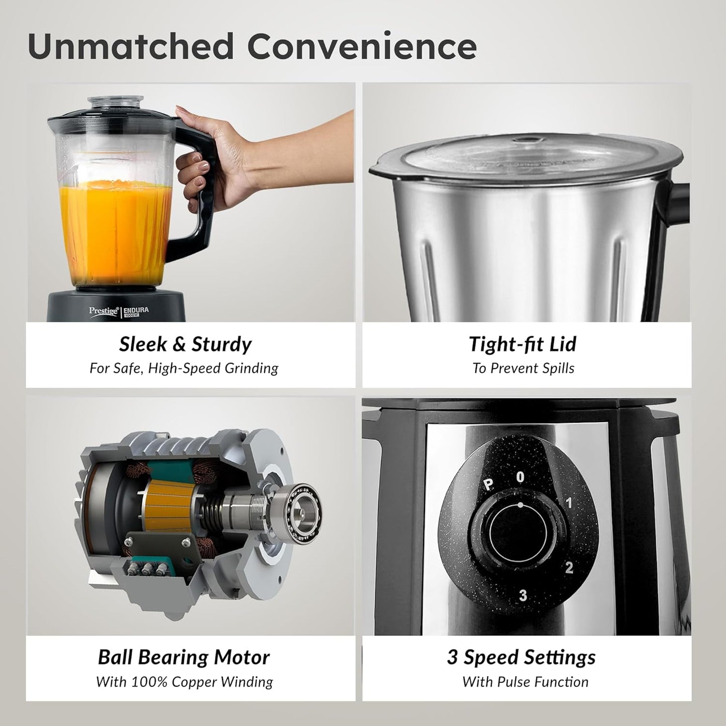 Prestige 1000 Watt Endura Mixer Grinder,6 Jars (3 Stainless Steel Jar + 1 Juicer Jar, 1 Mix-O-Keep Jar, 1 Multi-utility Jar), Black |Sturdy Stainless Steel Body|7-Efficient Stainless Steel Blades-42535