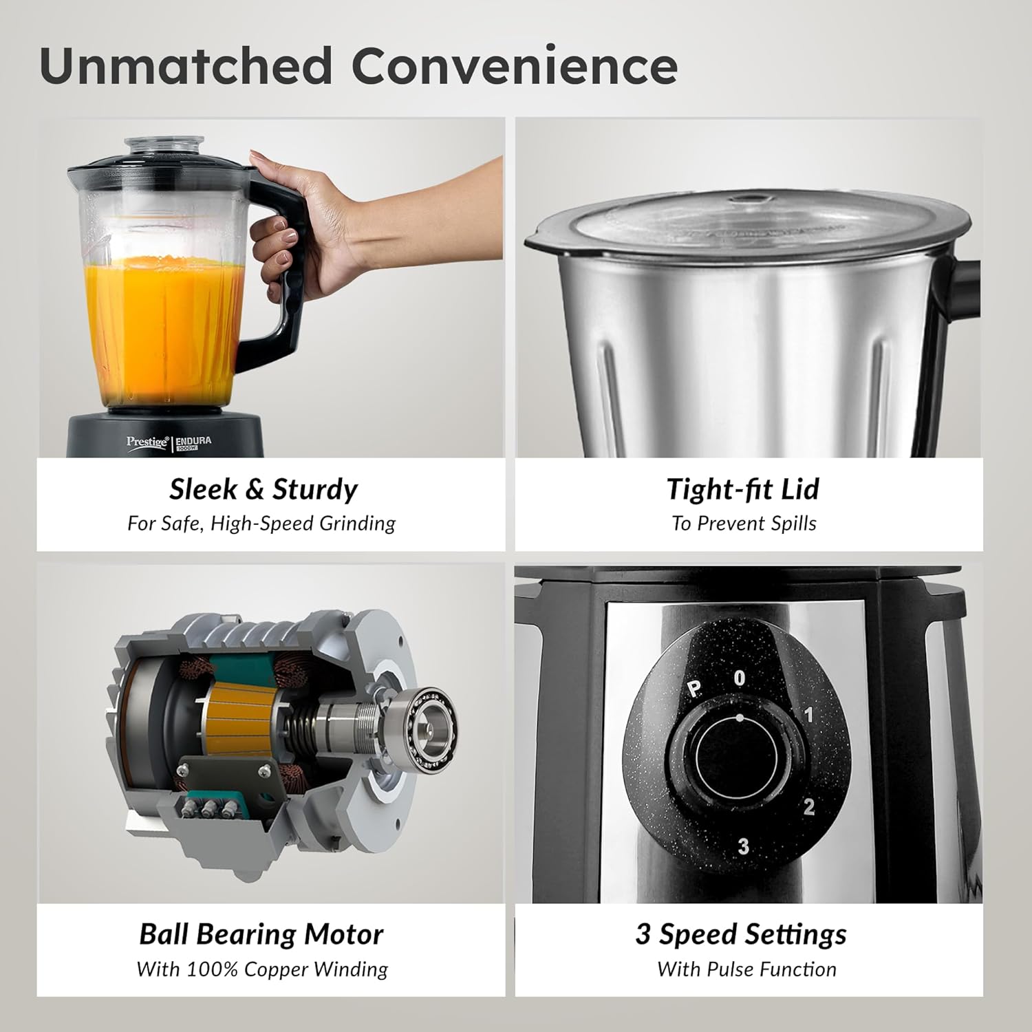 Prestige 1000 Watt Endura Mixer Grinder,6 Jars (3 Stainless Steel Jar + 1 Juicer Jar, 1 Mix-O-Keep Jar, 1 Multi-utility Jar), Black |Sturdy Stainless Steel Body|7-Efficient Stainless Steel Blades-42535