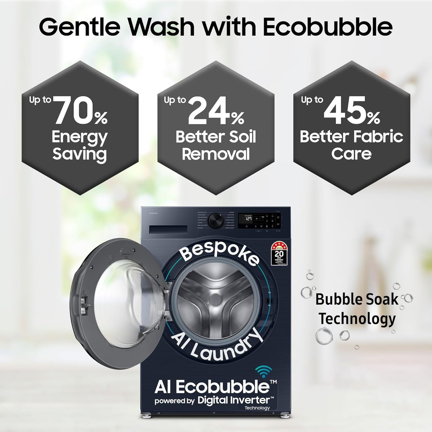 Samsung 9 kg, 5 star, AI EcoBubble, Super Speed, Wi-Fi, Hygiene Steam with Inbuilt Heater, Digital Inverter, Fully-Automatic Front Load Washing Machine (WW90DG5U24ABTL, Black)