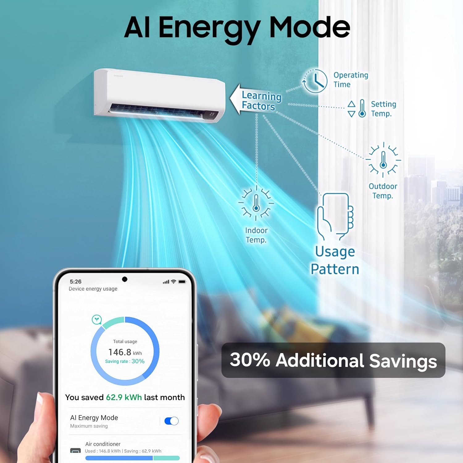 Samsung 2 Ton 3 Star Wi-Fi Inverter Split AC (Copper, Bespoke AI Energy Mode, 5-Step Convertible, 4-Way Swing, Fast Cooling, Alexa/Google/Bixby Control, White)-AR50H24D1XHNNA