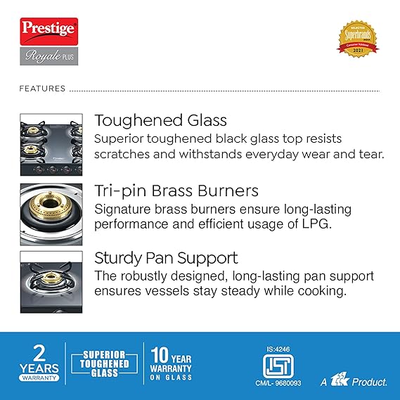 Prestige Royale Plus GT 04 Toughened Black Glass Top Gas Stove(Manual, 4 Brass Burners, Black, Baati/Tandoor Stand Inside)-40514