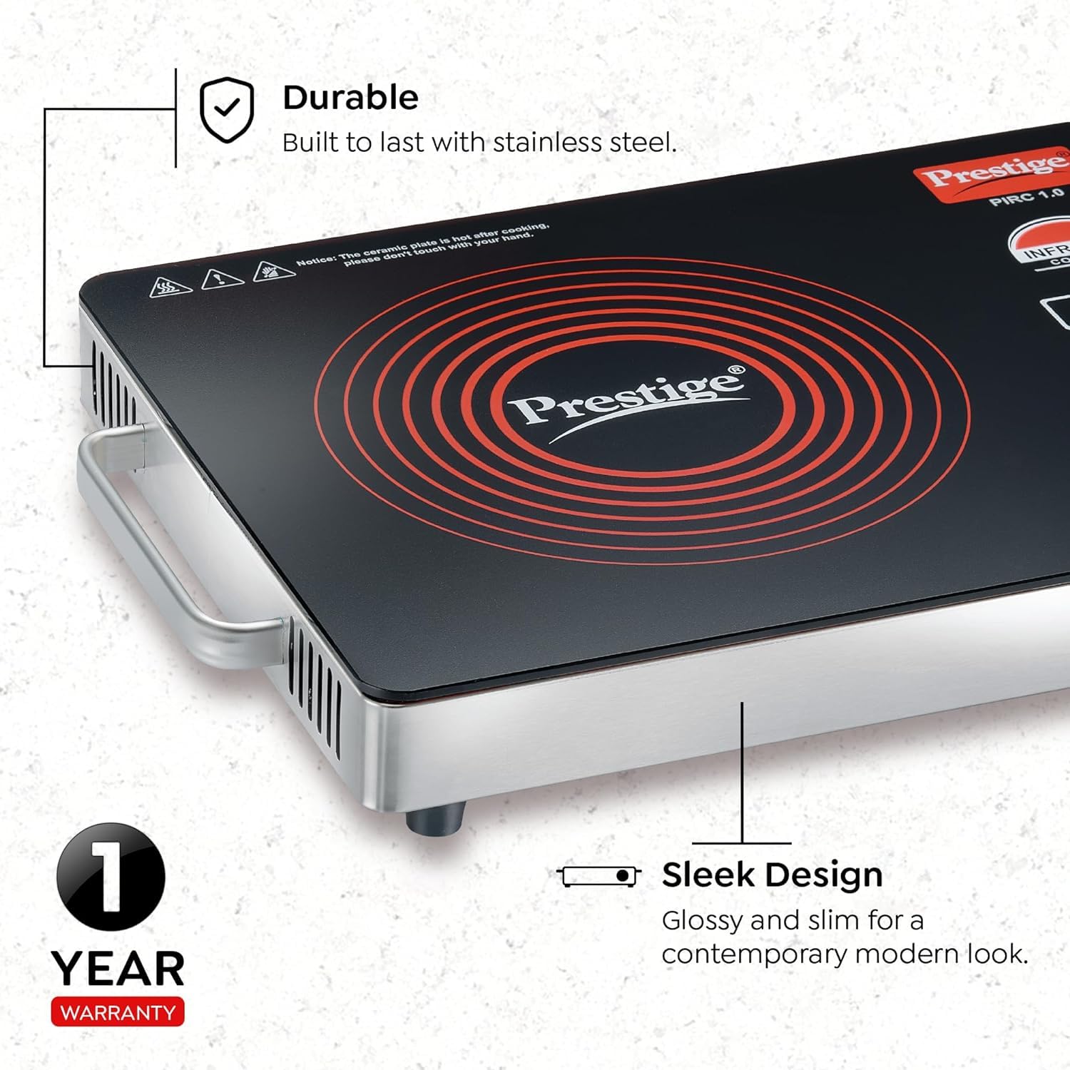 Prestige Infrared Cooktop PIRC 1.0 (2200W, Black) | Advanced Radiant Heating & Adjustable Temperature Control | Compatible with All Metal Cookware | Indian Preset Menu, Timer & Touch Panel | Sleek Stainless Steel Design-41136