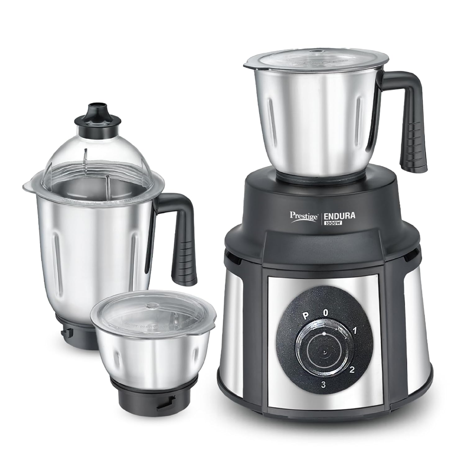 Prestige Endura 1000W Mixer Grinder with Ball Bearing Technology|Stainless Steel 3 Jars with Flow breakers|Overload protection|Black & Silver-42572