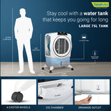 Symphony Powerful Desert Air Cooler, 75L Water Tank Capacity, Honeycomb Cooling Pads, Cool Flow Dispenser, Auto Louver Movement, High-Speed Fan-Sumo 75 XL