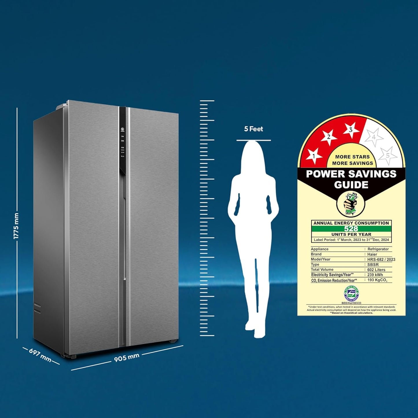 Haier 602L 3-Star Inverter Frost Free Side-by-Side Refrigerator | Toughened Glass Shelves | R600a Refrigerant | LED Lighting | Large Fruit & Vegetable Cases | Recess Handle | Energy Efficient Cooling Solution-(HRS-682SSU1, Steel Finish)