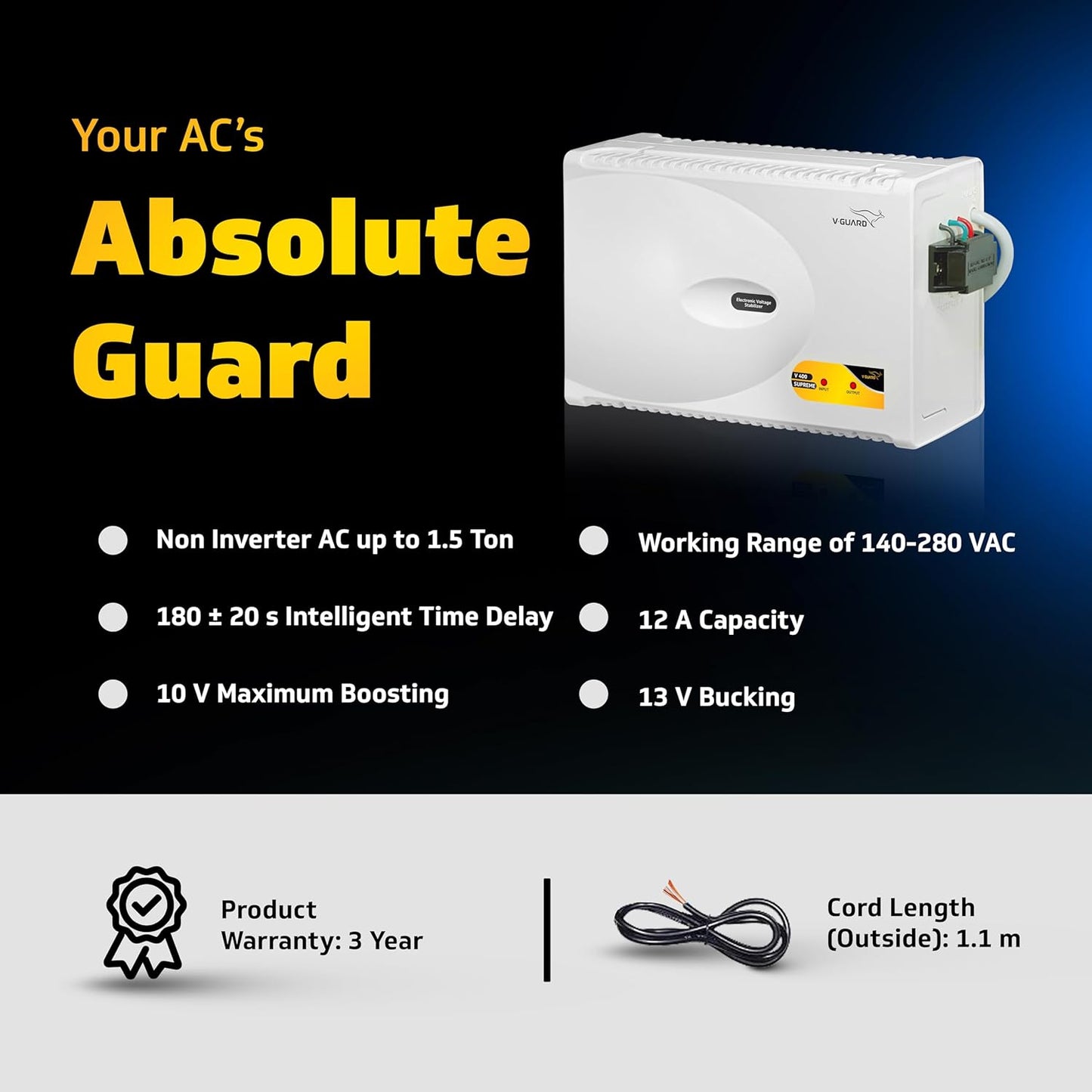 V GUARD STAB-VG400: Intelligent 1.5-Ton AC Stabilizer with Time Delay, Voltage Cut-Off, and Wall-Mount Design