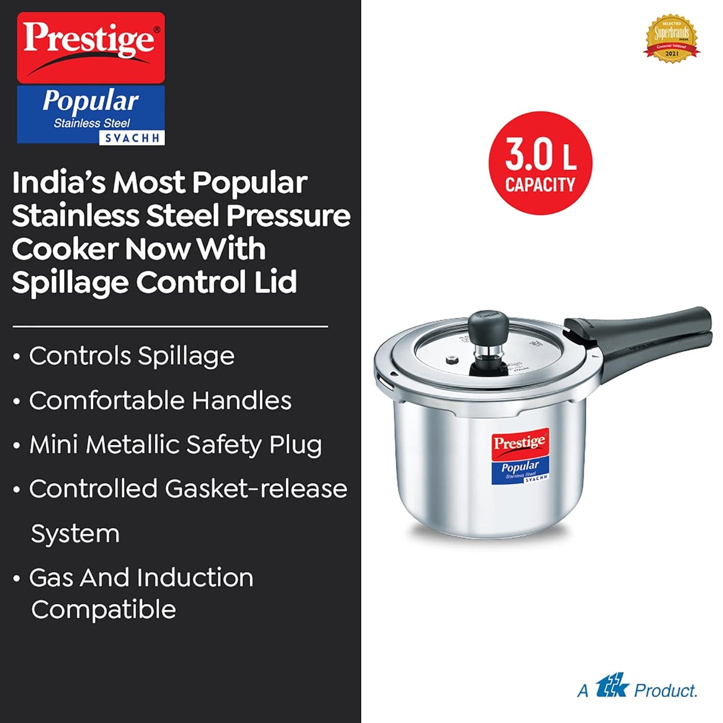 Prestige Popular Svachh Spillage Control Stainless Steel Pressure Cooker, 3 L (Silver)-20172