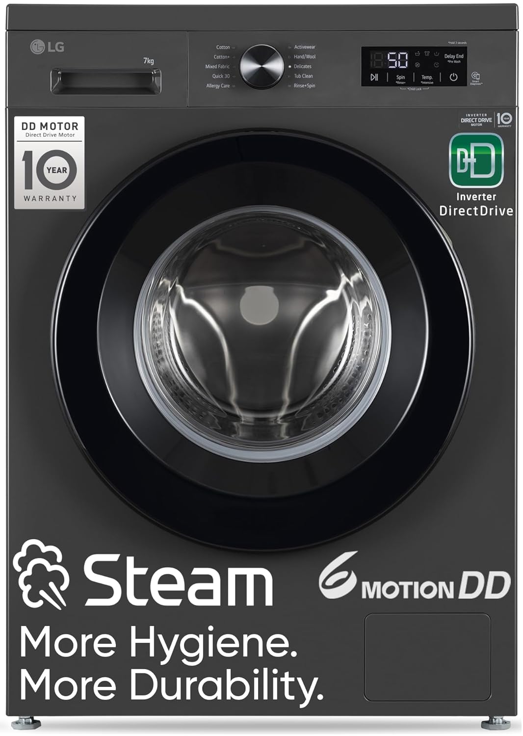 LG 7 Kg 5-Star Front Load Washing Machine with Inverter Direct Drive, 6 Motion DD Technology, and Steam Wash (Middle Black)-FHB1207Z2M
