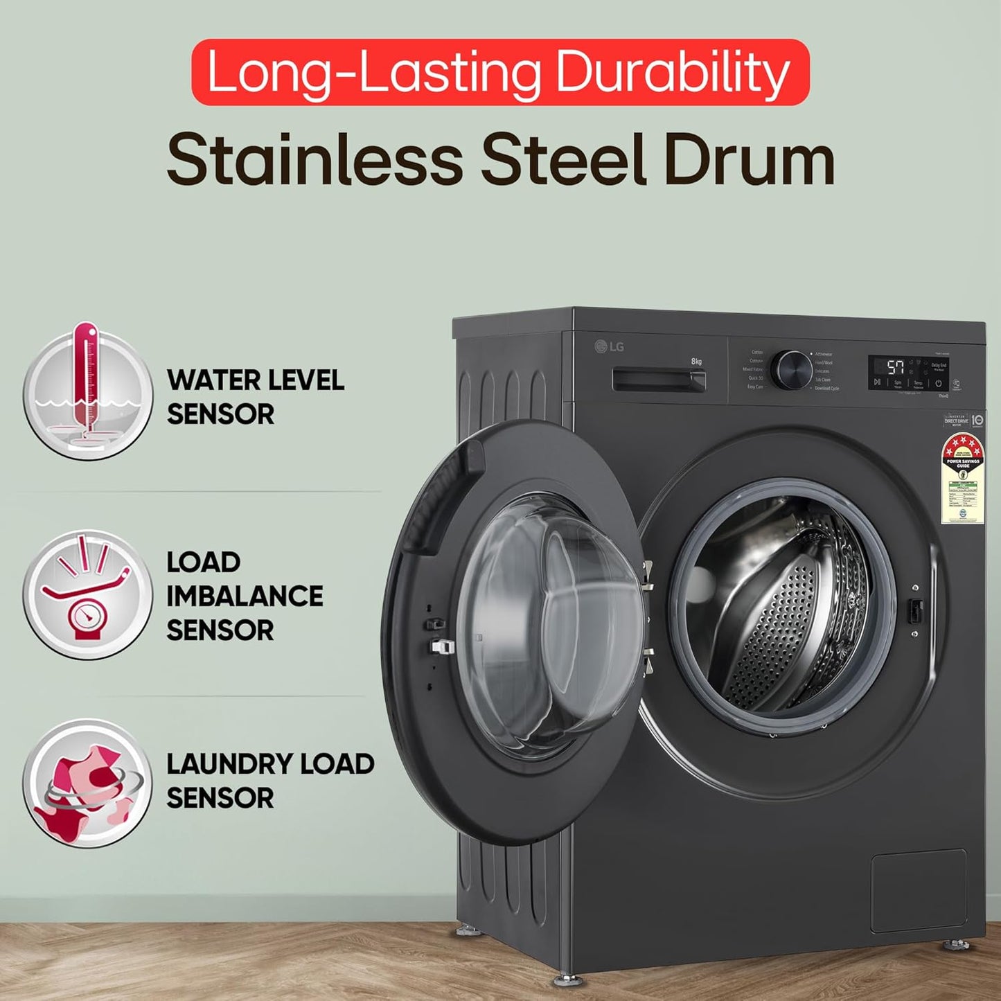 LG 8 kg 5 Star Inverter Direct Drive Front Load Washing Machine with Steam and In-Built Heater,Wi-Fi (Middle Black)-FHB1208Z4M