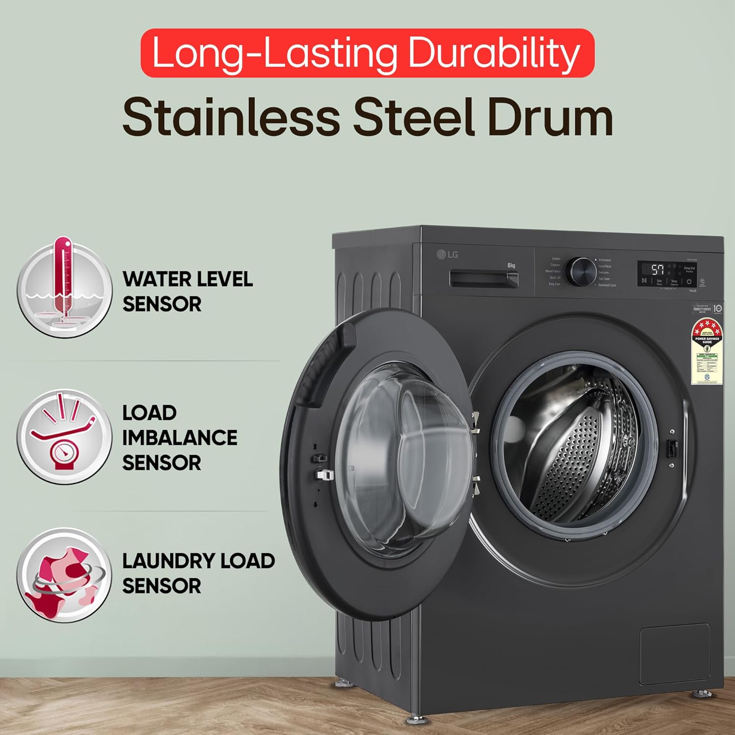LG 8 kg 5 Star Inverter Direct Drive Front Load Washing Machine with Steam and In-Built Heater,Wi-Fi (Middle Black)-FHB1208Z4M