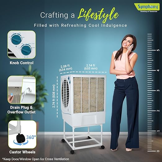 Symphony Jumbo 70 Desert Air Cooler with Free Trolley - 70L, Aspen Cooling Pads, Powerful Fan with Whisper-Quiet Performance, 185W Low Power Consumption, Cool Flow Dispenser, Ideal for Large Rooms (Hot & Dry Climate)