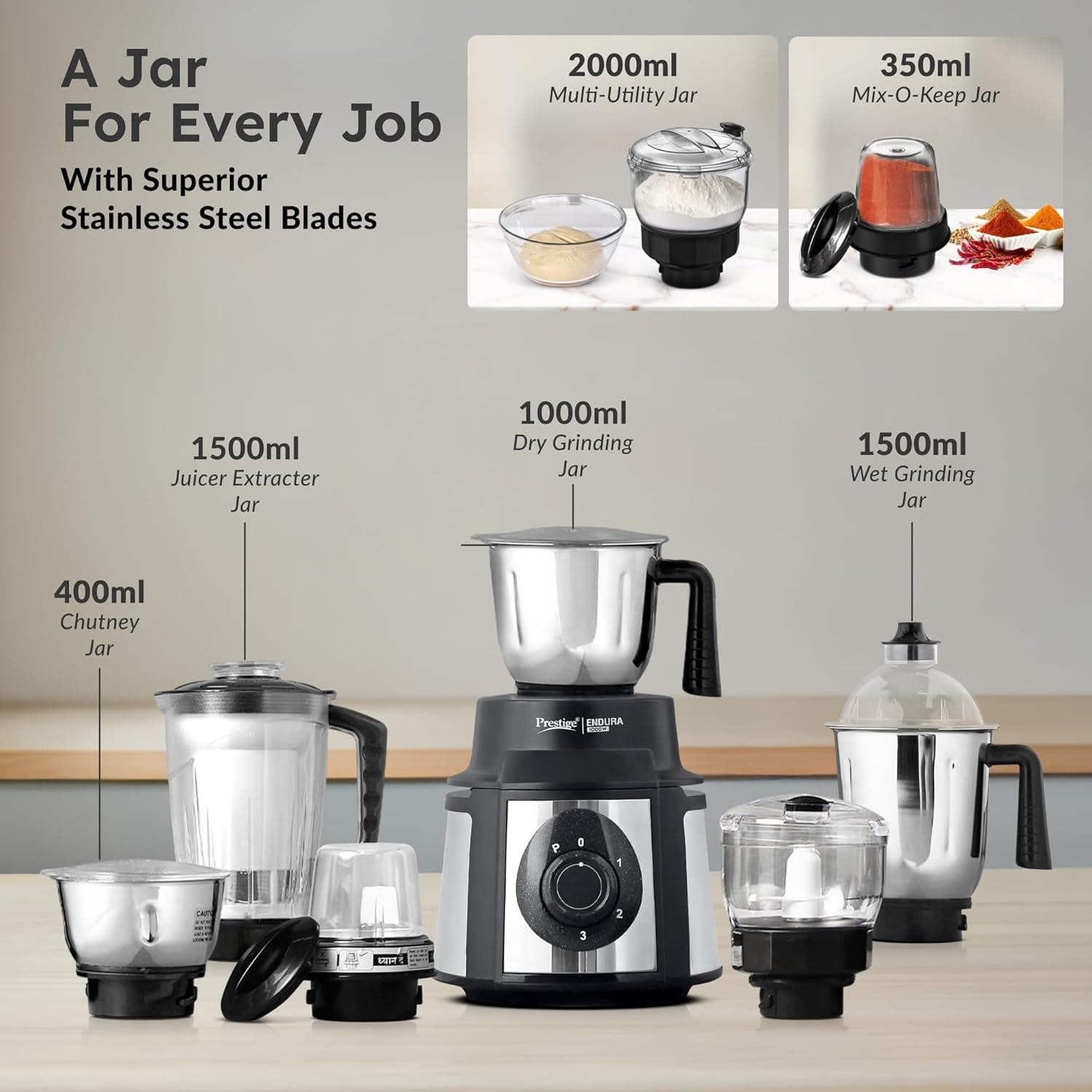 Prestige 1000 Watt Endura Mixer Grinder,6 Jars (3 Stainless Steel Jar + 1 Juicer Jar, 1 Mix-O-Keep Jar, 1 Multi-utility Jar), Black |Sturdy Stainless Steel Body|7-Efficient Stainless Steel Blades-42535