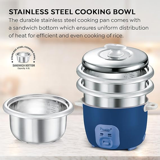 Prestige Cute 2.8-2 SS Electric Rice Cooker (2.8L) with 2 Stainless Steel Cooking Pans | Includes Close Fit Stainless Steel Lid, Cool Touch Handles, and Keep Warm Mode-41140