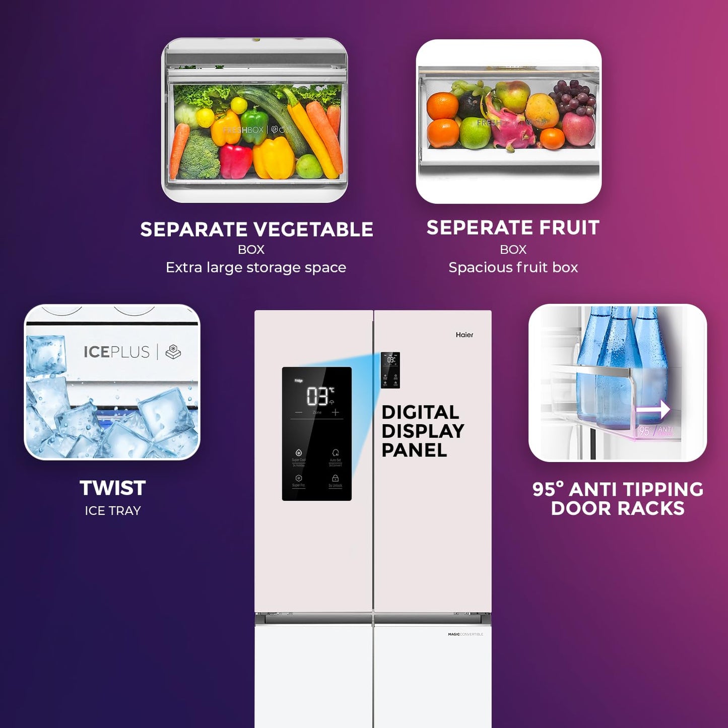 Haier 520L 3-Star Inverter Side-by-Side 4-Door Refrigerator (HRB-600RW, Rosette White, R600a Refrigerant)