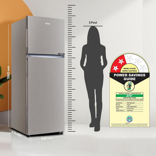 Haier 240L 2 Star Frost Free Top Mount Refrigerator with Inverter Compressor and Toughened Glass Shelves (Brushline Silver)- HRF-2902IBBS-P