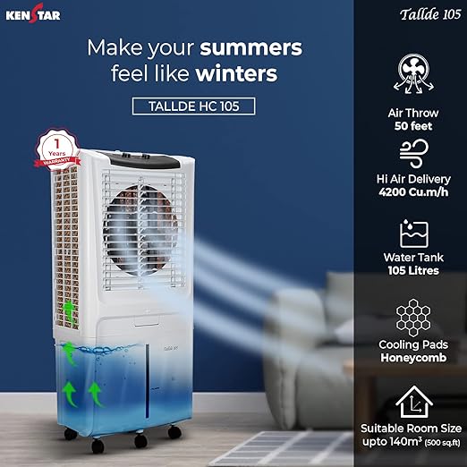 Kenstar Tallde HC 105 Desert Air Cooler for Home - Inverter Compatible, Honeycomb Cooling Pads, Collapsible Louvers (105L, 170 Watts)