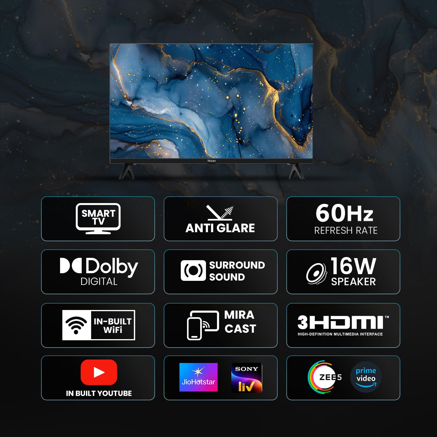 Haier 32-inch HD Ready Smart LED TV with Linux OS, Box Speakers, and HDR support. | HD Ready Bezel-less Display | Linux Smart TV Platform | HDR Support | 16W Audio Output | Dolby Digital Decoder | Multiple Connectivity Options | 60Hz Refresh Rate-LE32A7-N