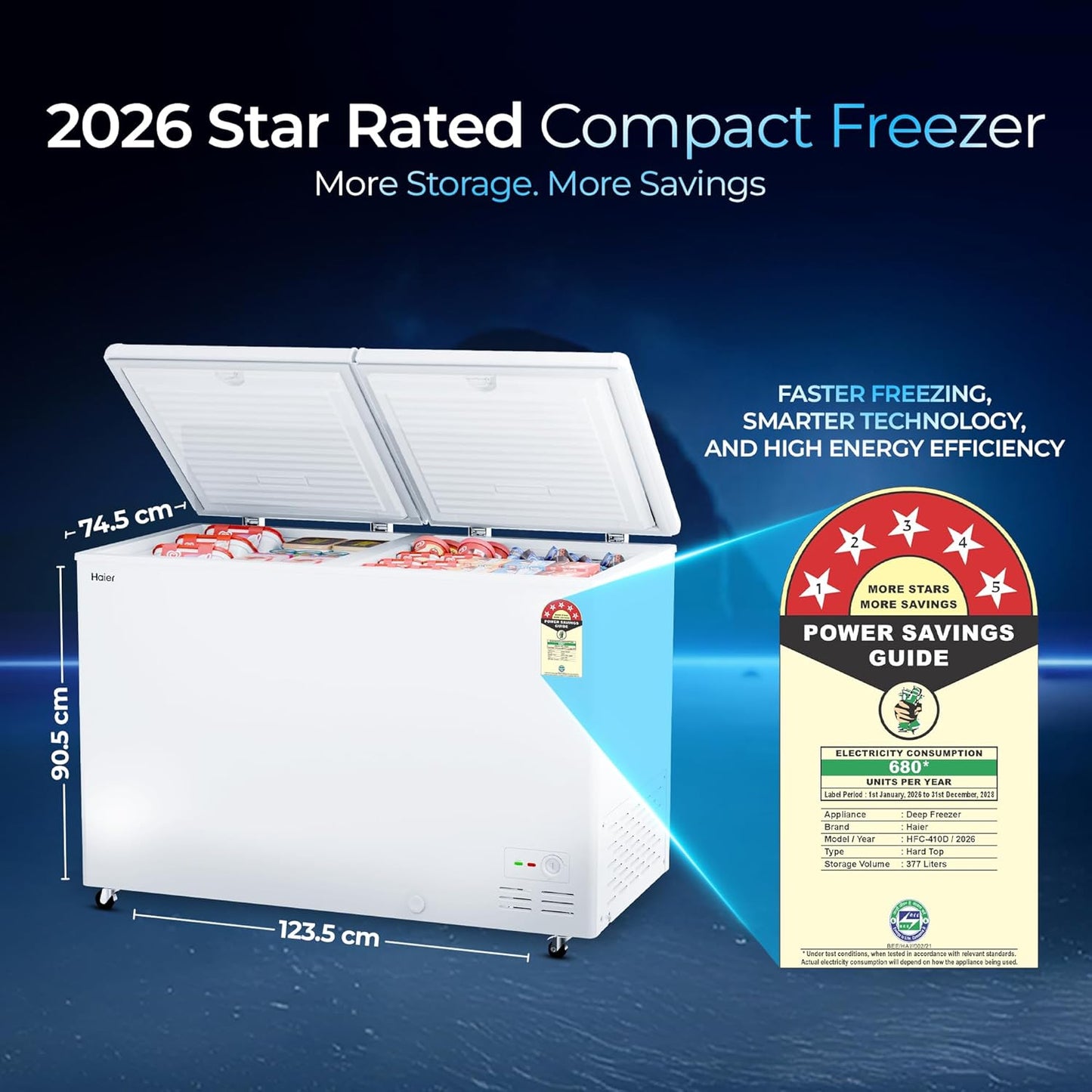 Haier 400L 5-Star Double Door Hard Top Freezer | Dual Condensers | +10 to -26°C Temperature Range | Embossed PCM Inner Liner | 5-Star Energy Rated | 4 Castor Legs for Easy Mobility | 1 Storage Basket-(HFC-410DPW5, White)