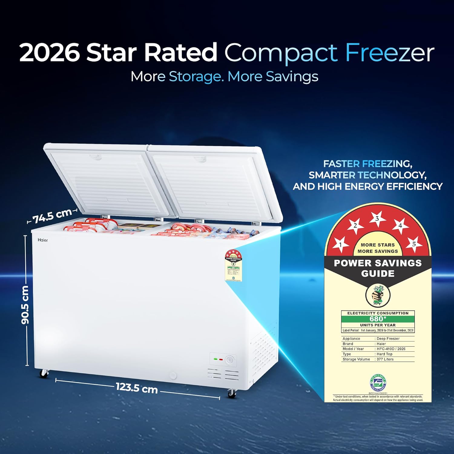 Haier 400L 5-Star Double Door Hard Top Freezer | Dual Condensers | +10 to -26°C Temperature Range | Embossed PCM Inner Liner | 5-Star Energy Rated | 4 Castor Legs for Easy Mobility | 1 Storage Basket-(HFC-410DPW5, White)