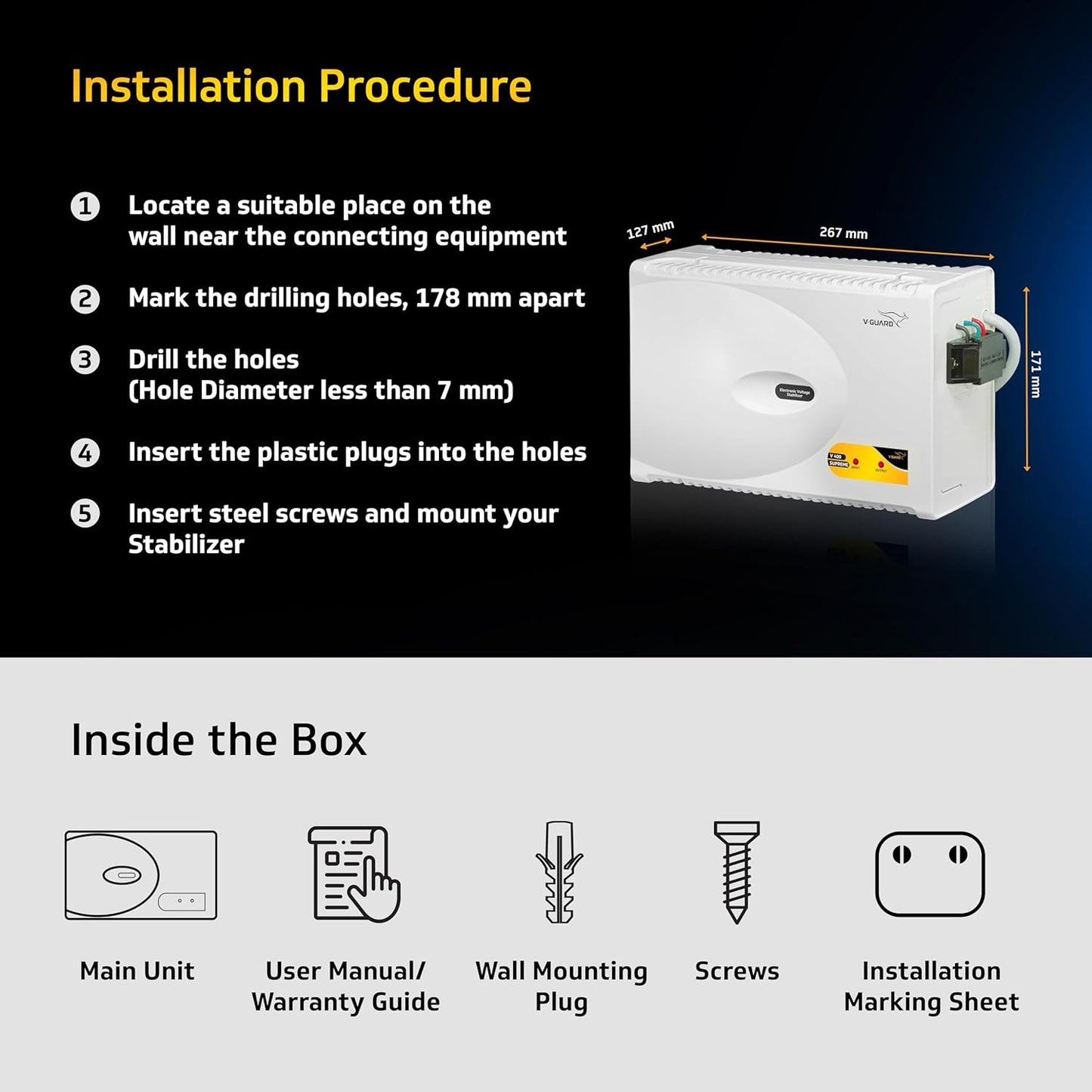 V GUARD STAB-VG400: Intelligent 1.5-Ton AC Stabilizer with Time Delay, Voltage Cut-Off, and Wall-Mount Design