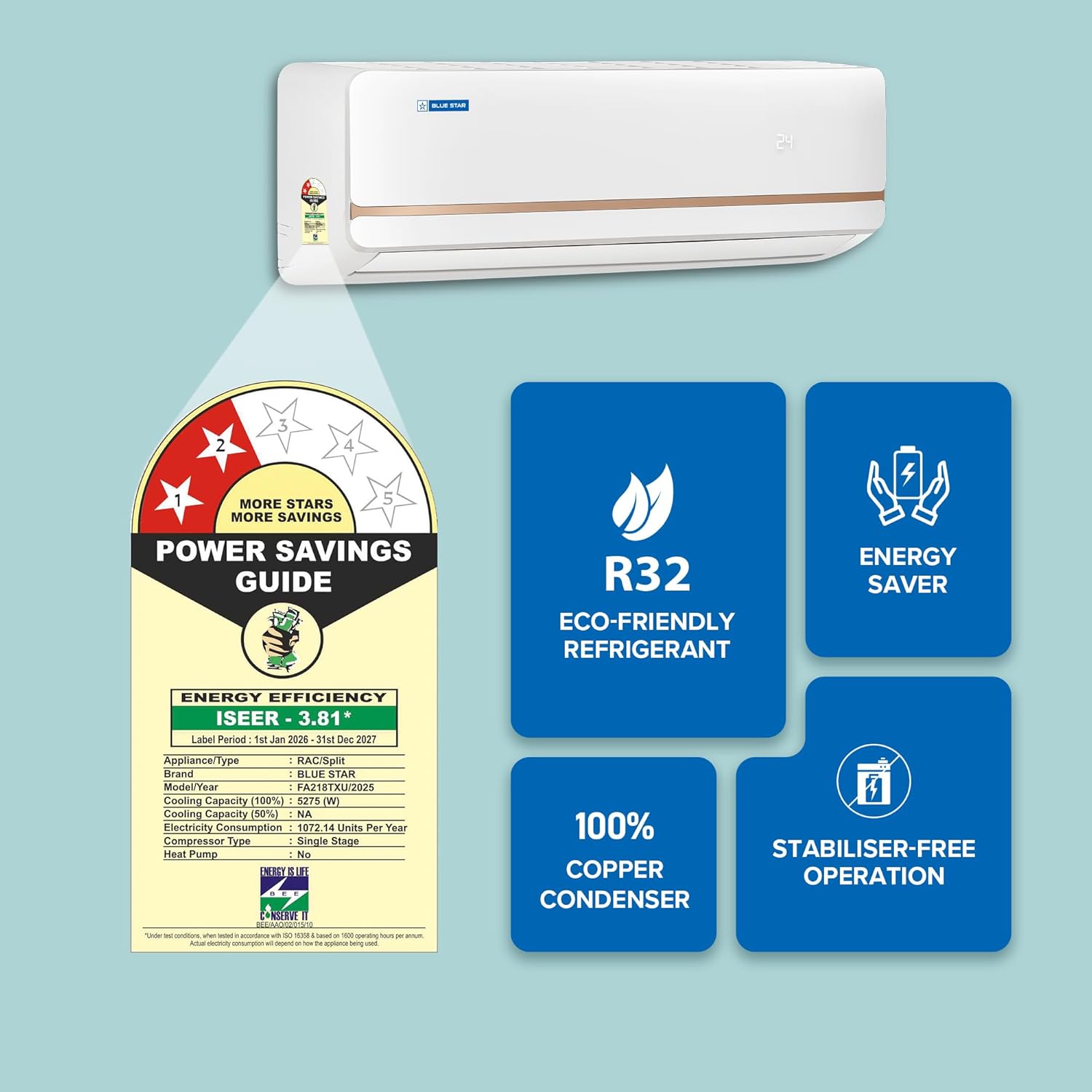 Blue Star 1.5 Ton 2 Star Fixed Speed Split AC (Model FA218TXU) | Powerful 5275W Cooling, DigiQ Hepta Sensors, 2-Way Air Swing, Anti-Corrosive Blue Fins, Turbo Cool, Self Diagnosis, Hidden Display, 100% Copper, White