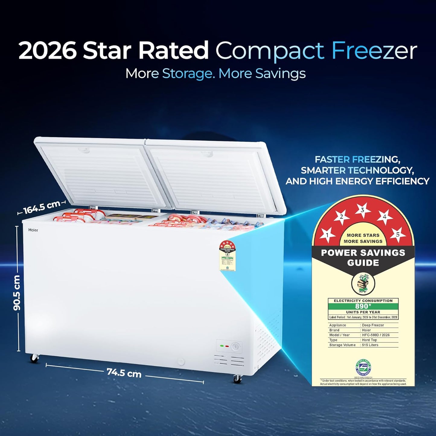 Haier 588L 5-Star Double Door Hard Top Deep Freezer | Dual Condensers | +10°C to -26°C Temperature Range | Embossed PCM Inner Liner | R-290a Refrigerant | 5-Star Energy Rated | 4 Castor Legs | 2 Baskets-(HFC-588DPW5, White)