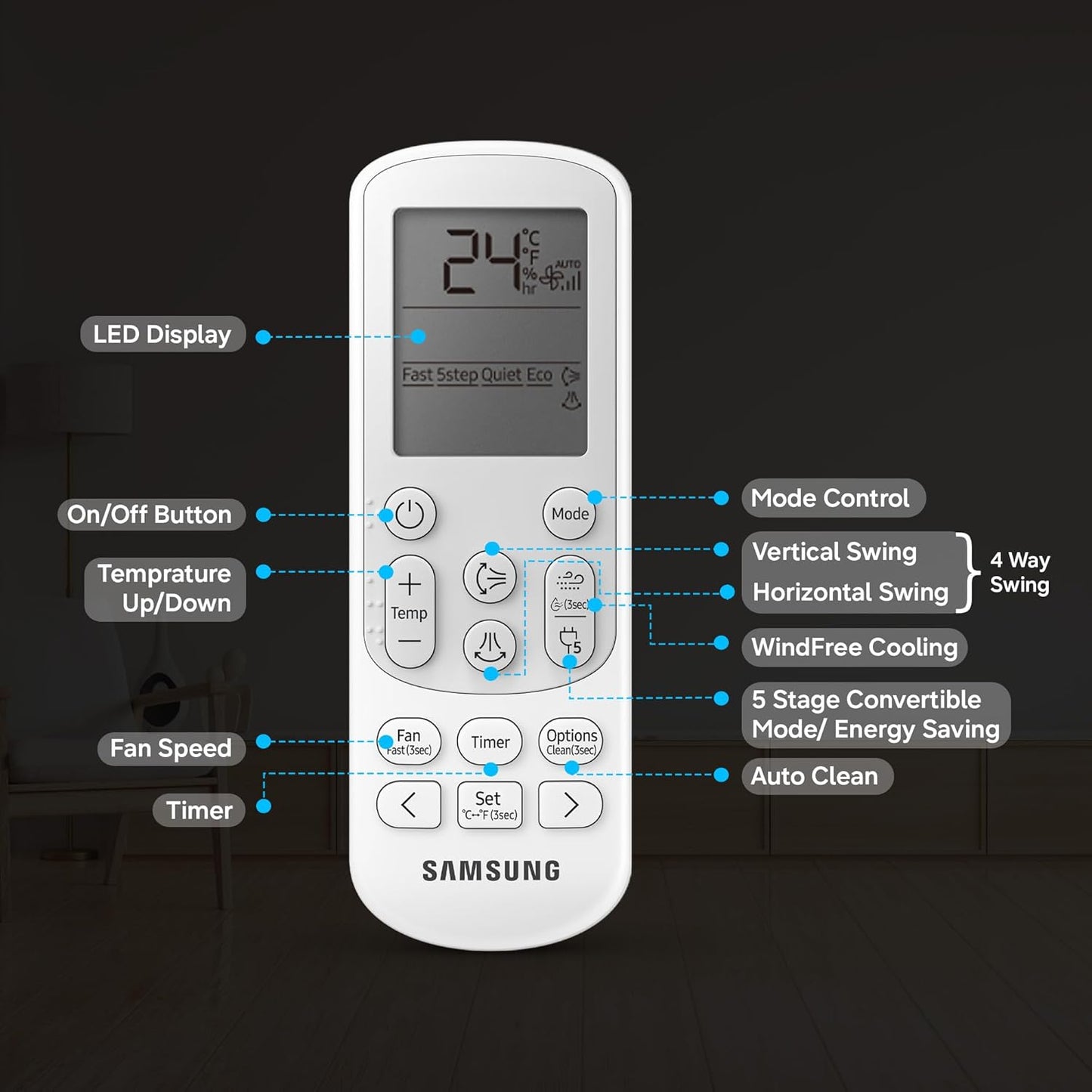 Samsung 2 Ton 3 Star Wi-Fi Inverter Split AC (Copper, WindFree Technology, Bespoke AI Energy Mode, 5-Step Convertible, 4-Way Swing, Alexa/Google/Bixby Control, White)-AR60H24D13WNNA