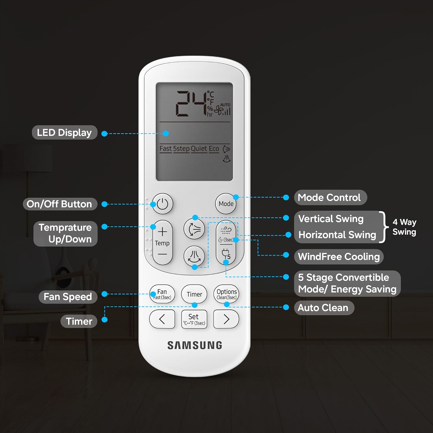 Samsung 2 Ton 3 Star Wi-Fi Inverter Split AC (Copper, WindFree Technology, Bespoke AI Energy Mode, 5-Step Convertible, 4-Way Swing, Alexa/Google/Bixby Control, White)-AR60H24D13WNNA