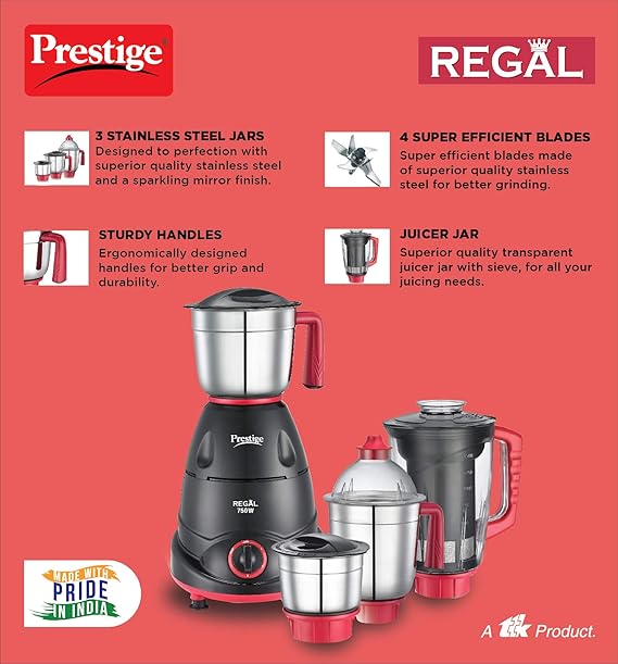 Prestige Regal Mixer Grinder 750 W Mixer Grinder  (41384 | 4 Jars | Red And Black)-41384
