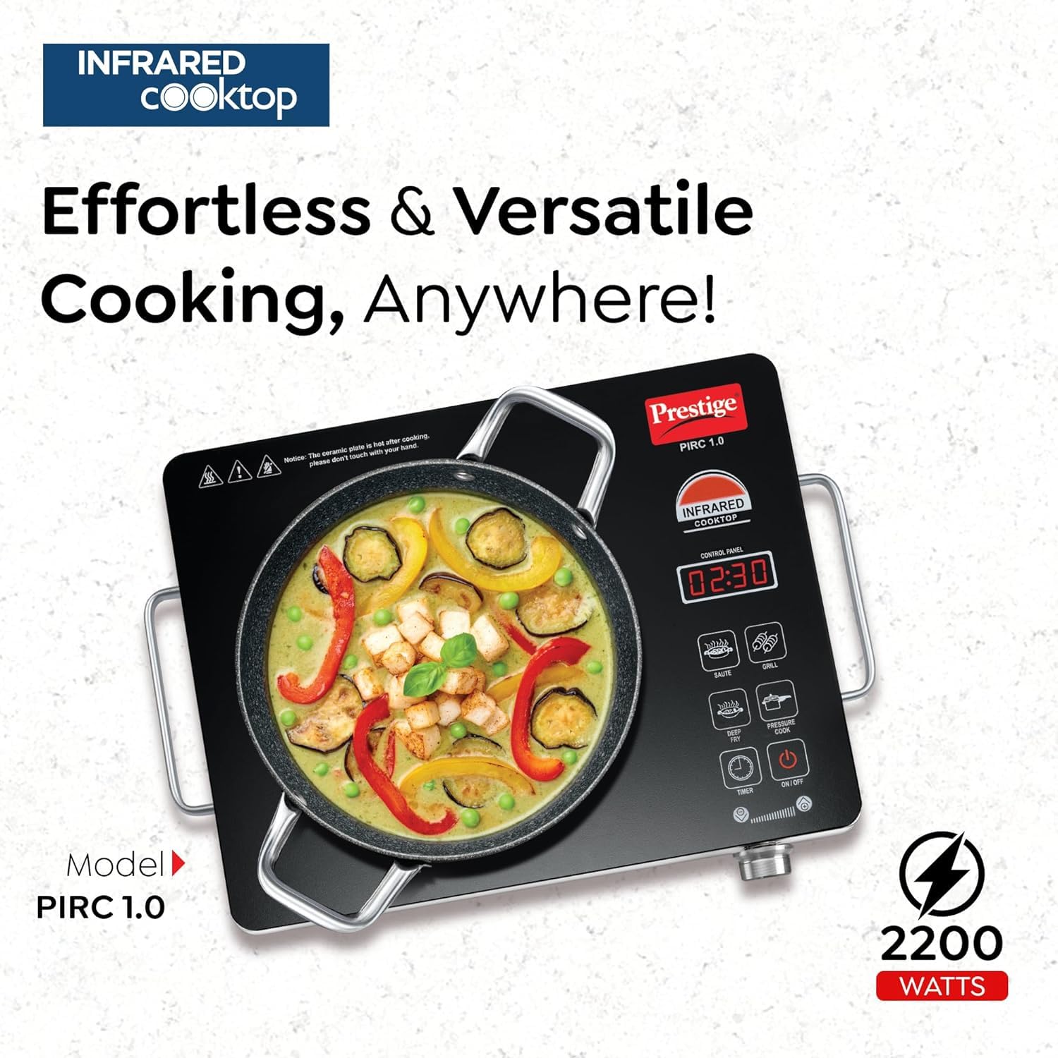 Prestige Infrared Cooktop PIRC 1.0 (2200W, Black) | Advanced Radiant Heating & Adjustable Temperature Control | Compatible with All Metal Cookware | Indian Preset Menu, Timer & Touch Panel | Sleek Stainless Steel Design-41136