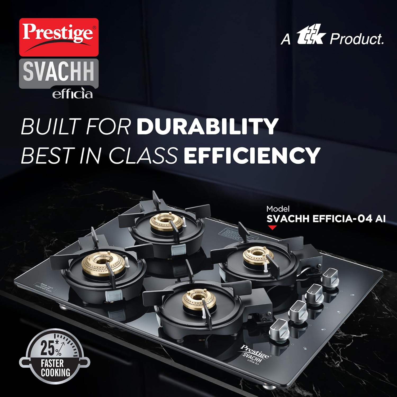 Prestige Svachh Efficia HOB 04 AI (with Toughened Glass Top Multi Spark Ignition System & 4 Brass Burners)-40597