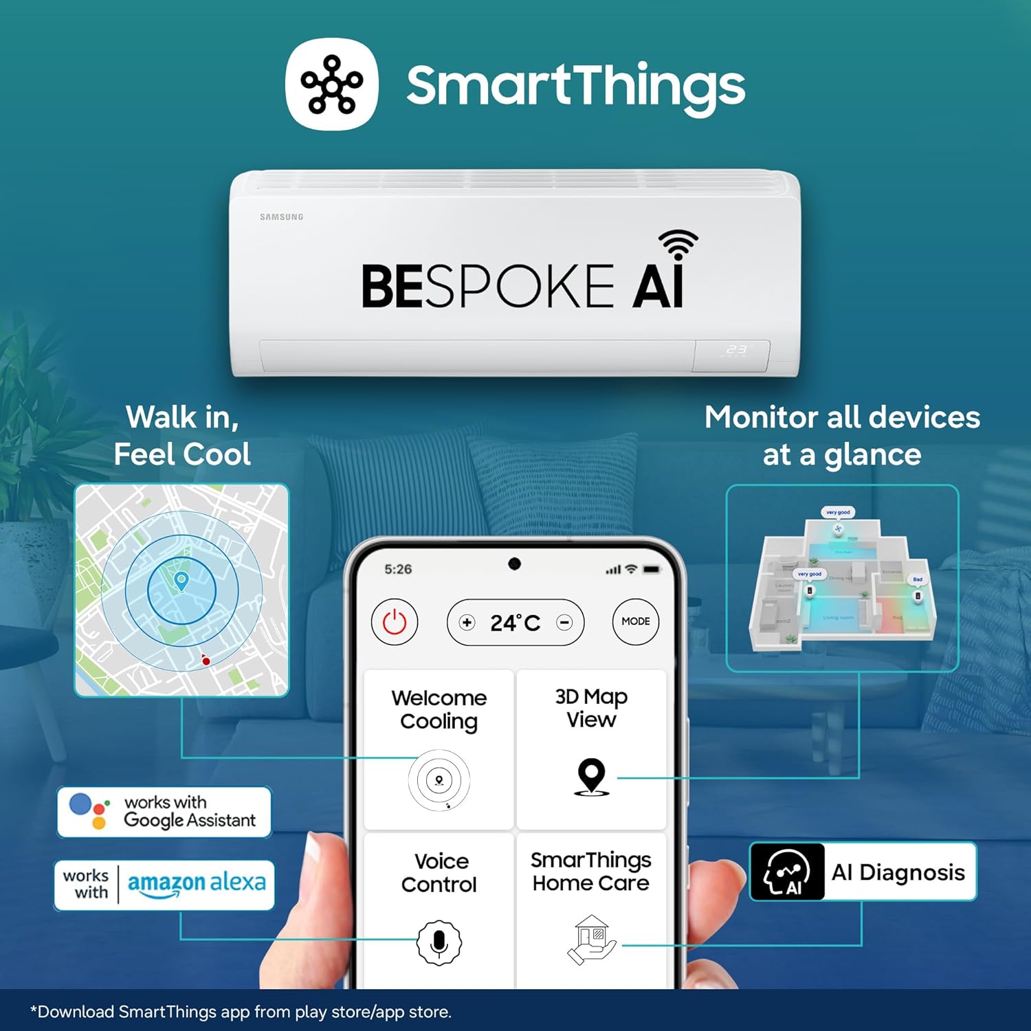Samsung 1 Ton 5 Star Wi-Fi Enabled Smart Inverter Split AC - AI Auto Cooling, SmartThings App, Copper Anti-Bacterial Filter, R32 Refrigerant, Auto Clean, 5-Step Mode, 11431 Btu/hr Cooling, Heavy Duty-(AR50H12D1ZHNNA, White)