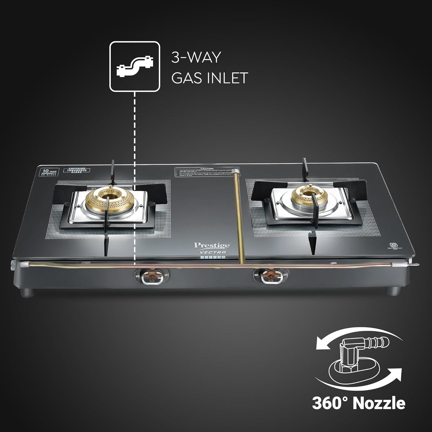 Prestige Vectra 2 Burner Glasstop Gas Stove|Superior Toughened Glass|Jumbo Brass Burner|3-Way Gas Inlet|360 Degree Revolving Nozzle|5 Years Warranty on Glass|Black-(40589)